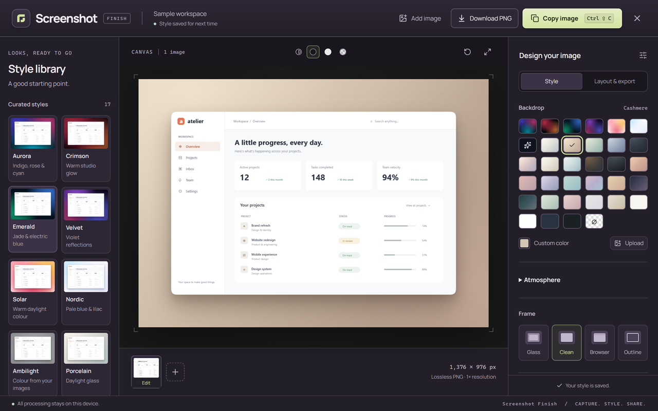 Screenshot Finish studio with a screenshot, styling controls and PNG sharing actions